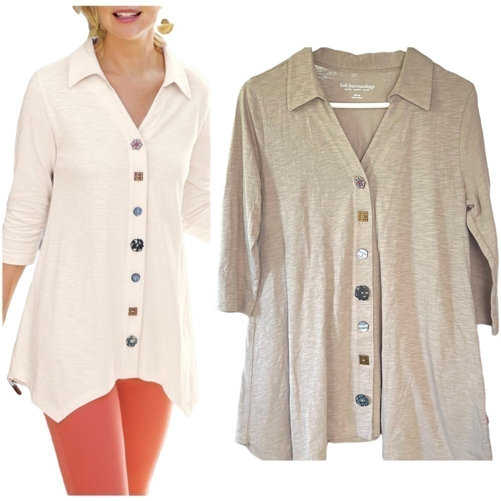 Soft Surroundings Danielle Button Top Tunic Asymmetrical Hem 3/4 Sleeves XS